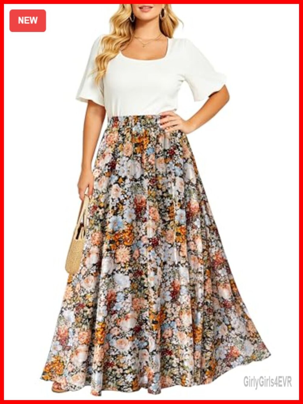 Floral Chiffon Maxi Skirt Full Length Elastic Waist Flowy Double Layer